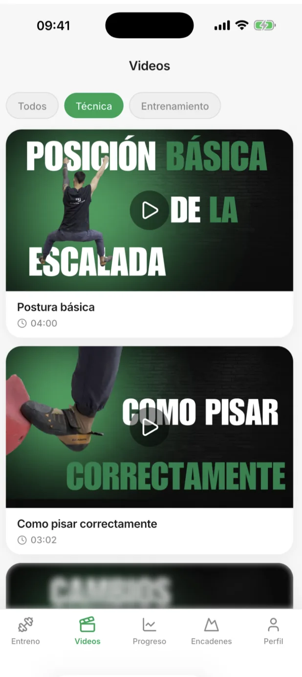 Biblioteca de vídeos de técnica de escalada, filtrada por categoría